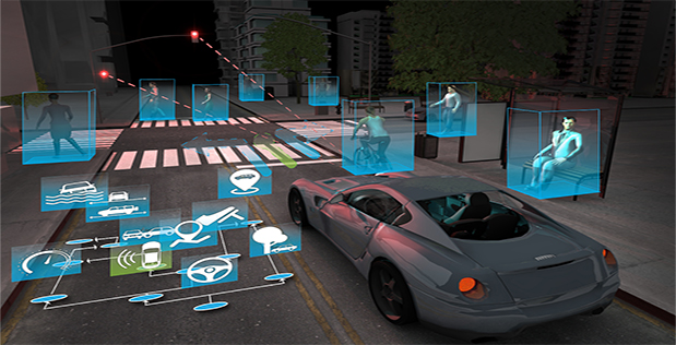 Image Caption: In this artist’s conception, a driverless car’s sensors scan the environs to relentlessly inform the vehicle’s machine-learning (ML) system, which uses the data to guide current driving actions but also to modify its own programming and database so that the car becomes an ever safer means of transportation that can handle ever more real-world situations. Click on image below for high-resolution.