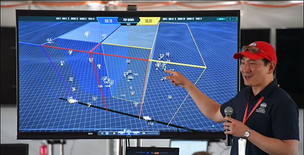 Image Caption: Timothy Chung, DARPA program manager, explains a real-time data visualization system used for the Service Academies Swarm Challenge. The system tracks the simultaneous flight of dozens of unmanned aerial vehicles (UAVs) demonstrating autonomous tactics designed by Cadets and Midshipmen at the U.S. Military Academy, the U.S. Naval Academy, and the U.S. Air Force Academy. The three-day experiment had the Service academy teams compete in a modified version of capture the flag, with the Naval Academy taking home top honors. Click below for high-resolution image.
