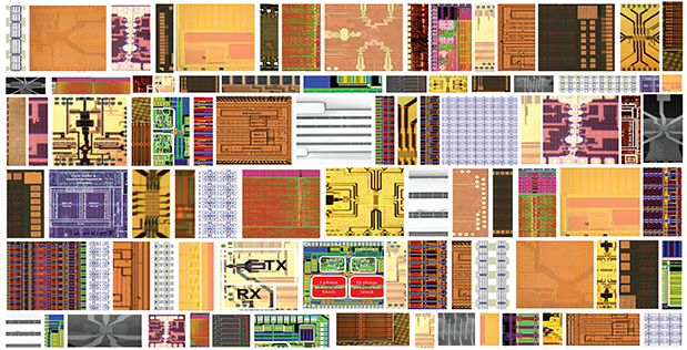 Image Caption: The patchwork of microelectronic dies represents work performed by a multitude of university groups that participated in previous DARPA-industry-academe collaborations. DARPA’s new electronics initiative is pushing for a new era of microsystem structures and capabilities. Click on the image for a high-resolution version. 