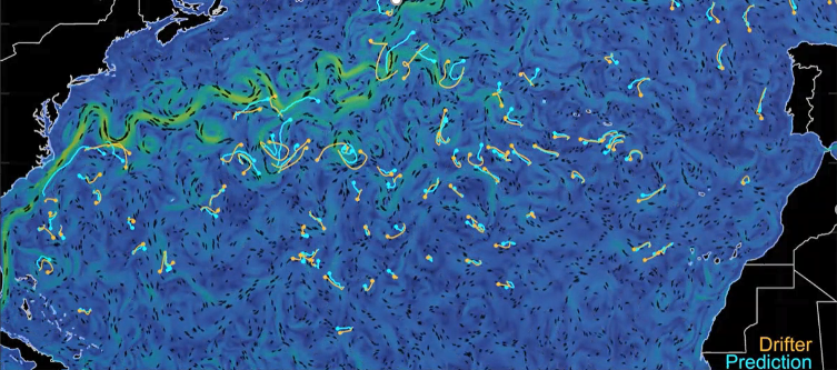 A visualization from 2nd place Deltares of drifter predicted (blue) and actual (orange) trajectories over the 10-day competition.
