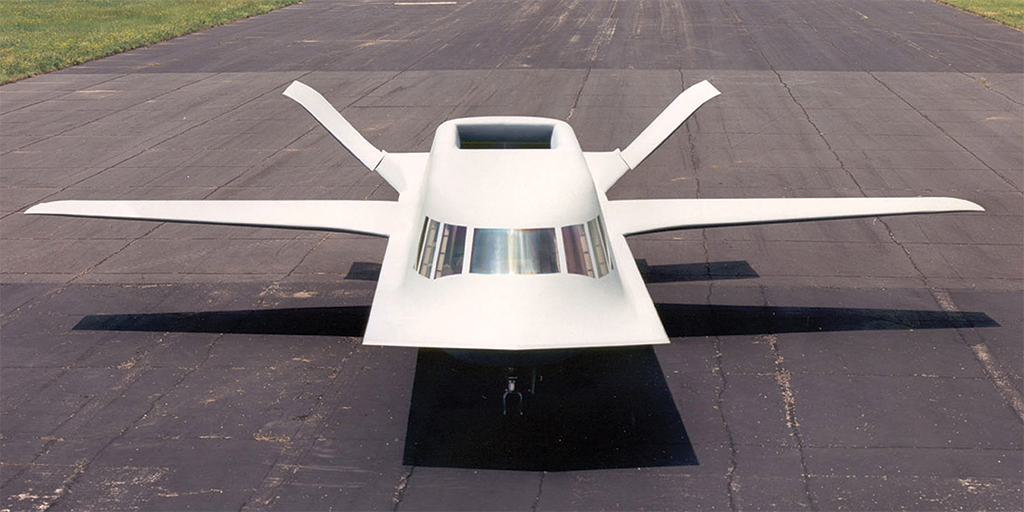 A restored Tacit Blue makes its way in 2015 to its then new home at the National Museum of the U.S. Air Force.