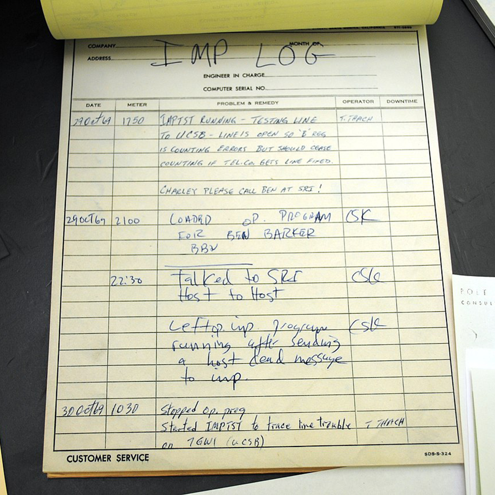 This historic log entry for the Interface Message Processor (IMP) at UCLA records the first ARPANET message on 10/29/1969, at 22:30 Pacific Time, from Boelter Hall 3420.