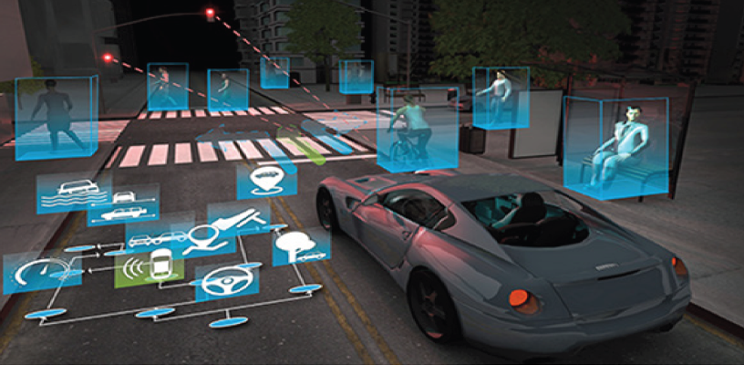 Vehicle driving with icons surrounding it
