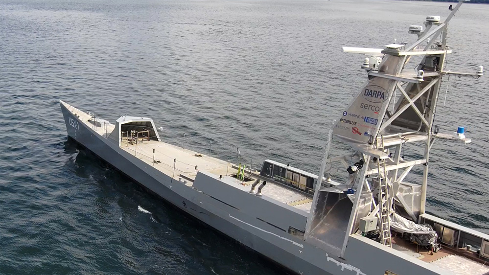 The NOMARS program demonstrator vessel, USX-1 Defiant, conducts in-water testing in the Puget Sound. 