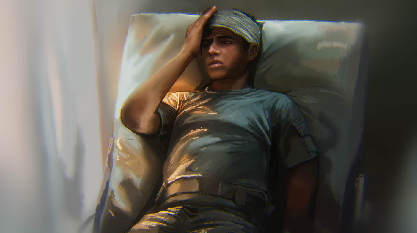 Artist's concept of a wounded warrior with a traumatic brain injury. 