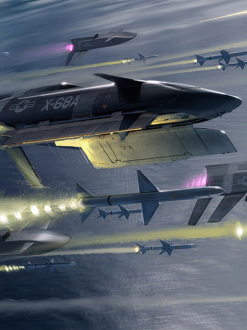Notional scenario of LongShot aircraft releasing air-to-air missiles.