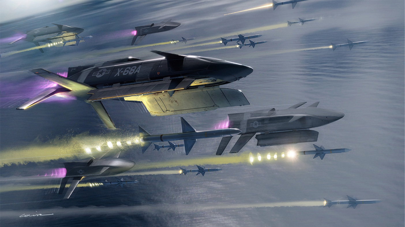 Artist's concept: Notional scenario of LongShot aircraft releasing air-to-air missiles.