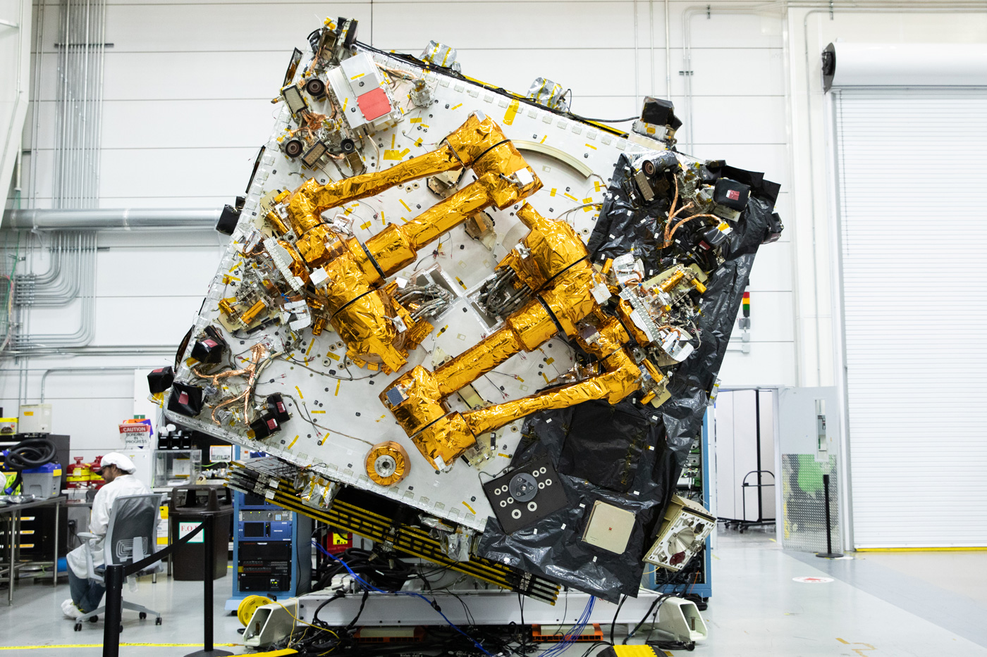 The fully integrated Mission Robotic Vehicle (MRV), featuring DARPA's highly dexterous robotic payload mated to SpaceLogistics’ spacecraft based on its flight-proven Mission Extension Vehicle, undergoes final preparations ahead of its upcoming launch in 2026.