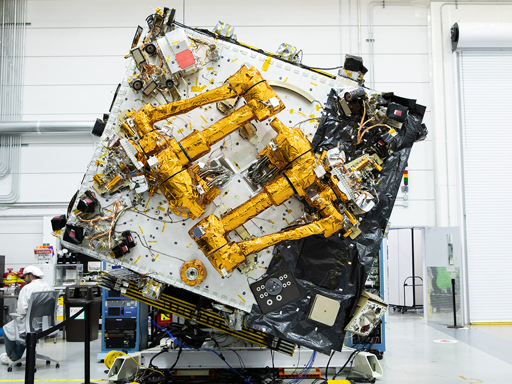 The fully integrated Mission Robotic Vehicle (MRV), featuring DARPA's highly dexterous robotic payload mated to SpaceLogistics’ spacecraft based on its flight-proven Mission Extension Vehicle, undergoes final preparations ahead of its upcoming launch in 2026.