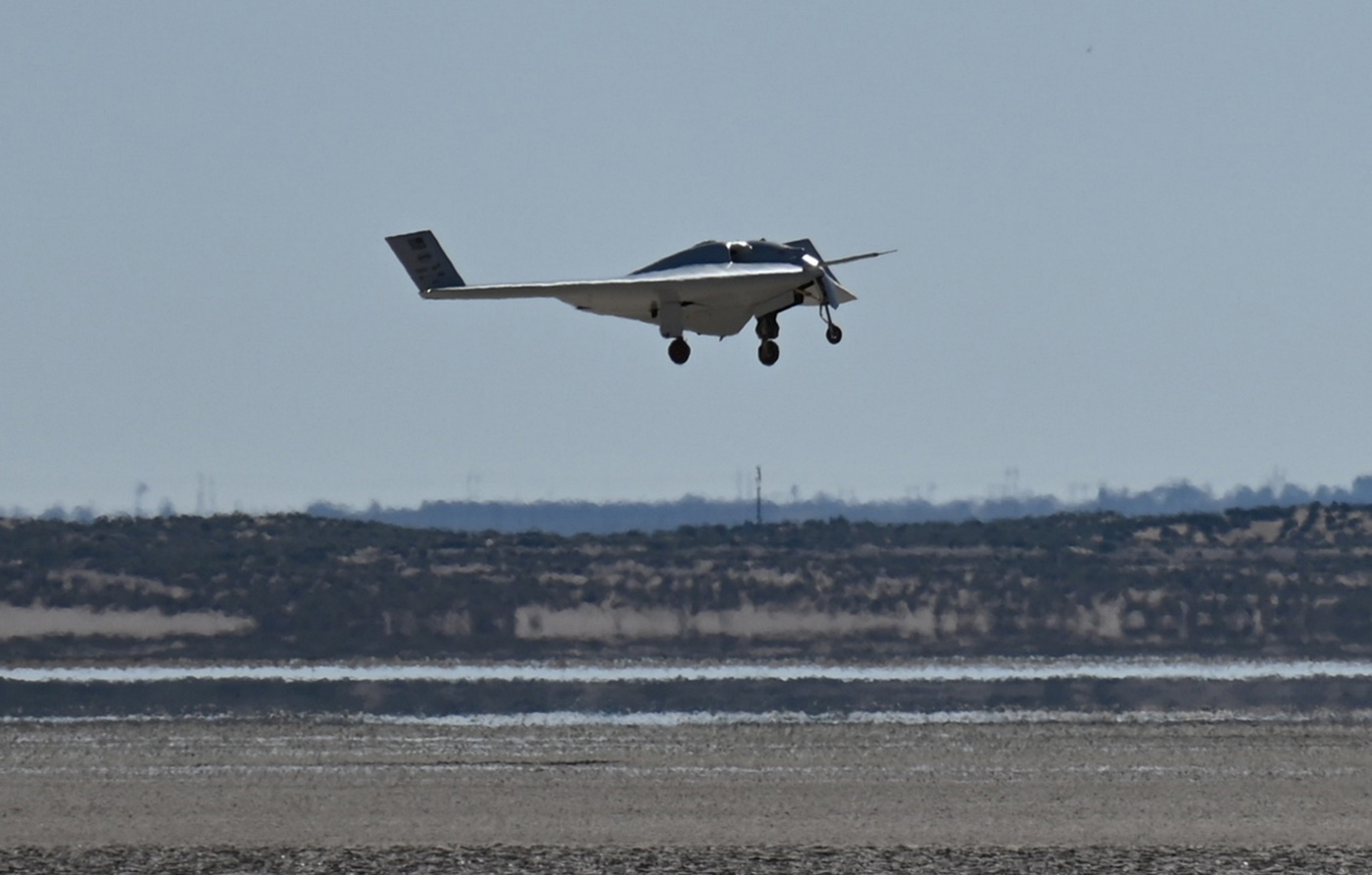 DARPA’s XRQ-73 SHEPARD hybrid-electric experimental aircraft takes off at Edwards Air Force Base, California.