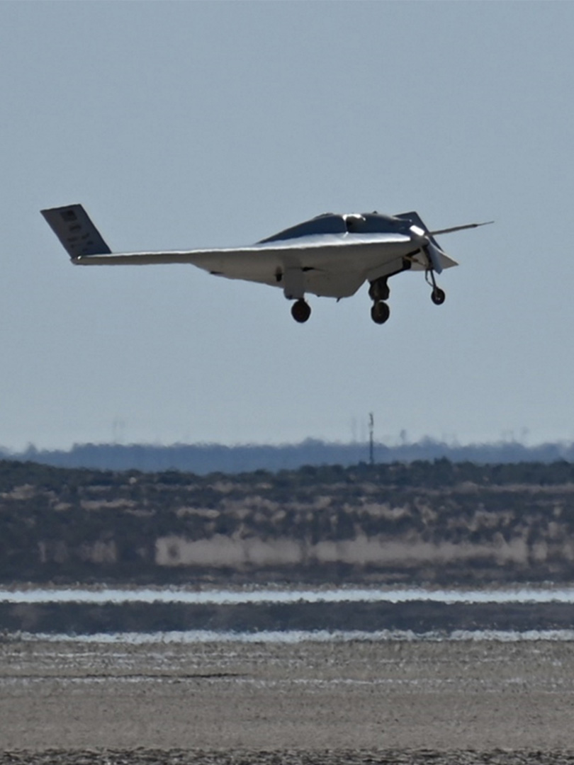 DARPA’s XRQ-73 SHEPARD hybrid-electric experimental aircraft takes off at Edwards Air Force Base, California.