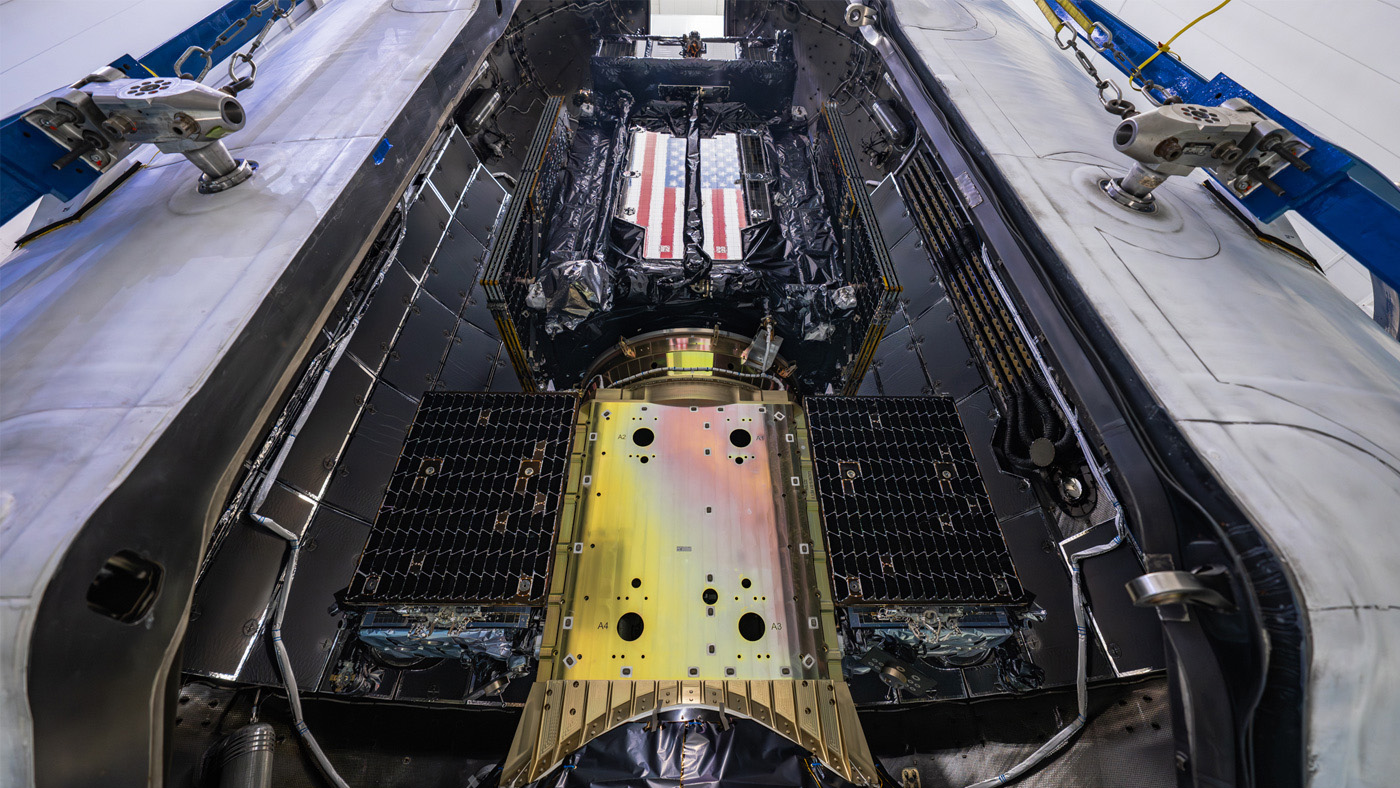 The Mission Robotic Vehicle mated to the RSGS payload before the fairing closes at the Space Launch Complex 40 (SLC-40) at Cape Canaveral Space Force Station in Florida.