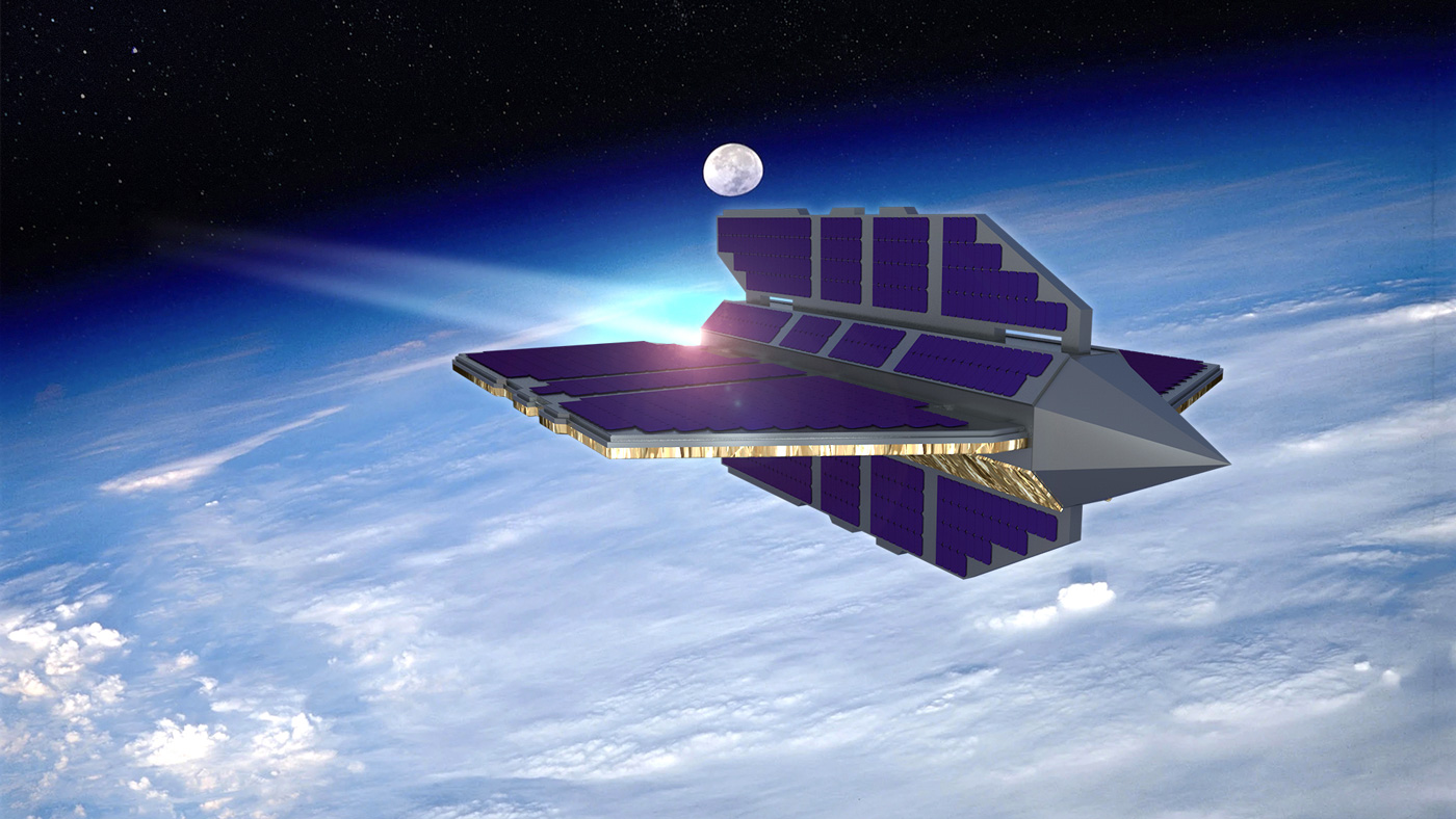 Artist's concept of what a VLEO satellite might look like using the air-breathing electric propulsion technology being developed in the Otter program.