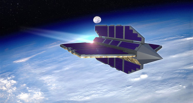 Artist's concept of what a VLEO satellite might look like using the air-breathing electric propulsion technology being developed in the Otter program.