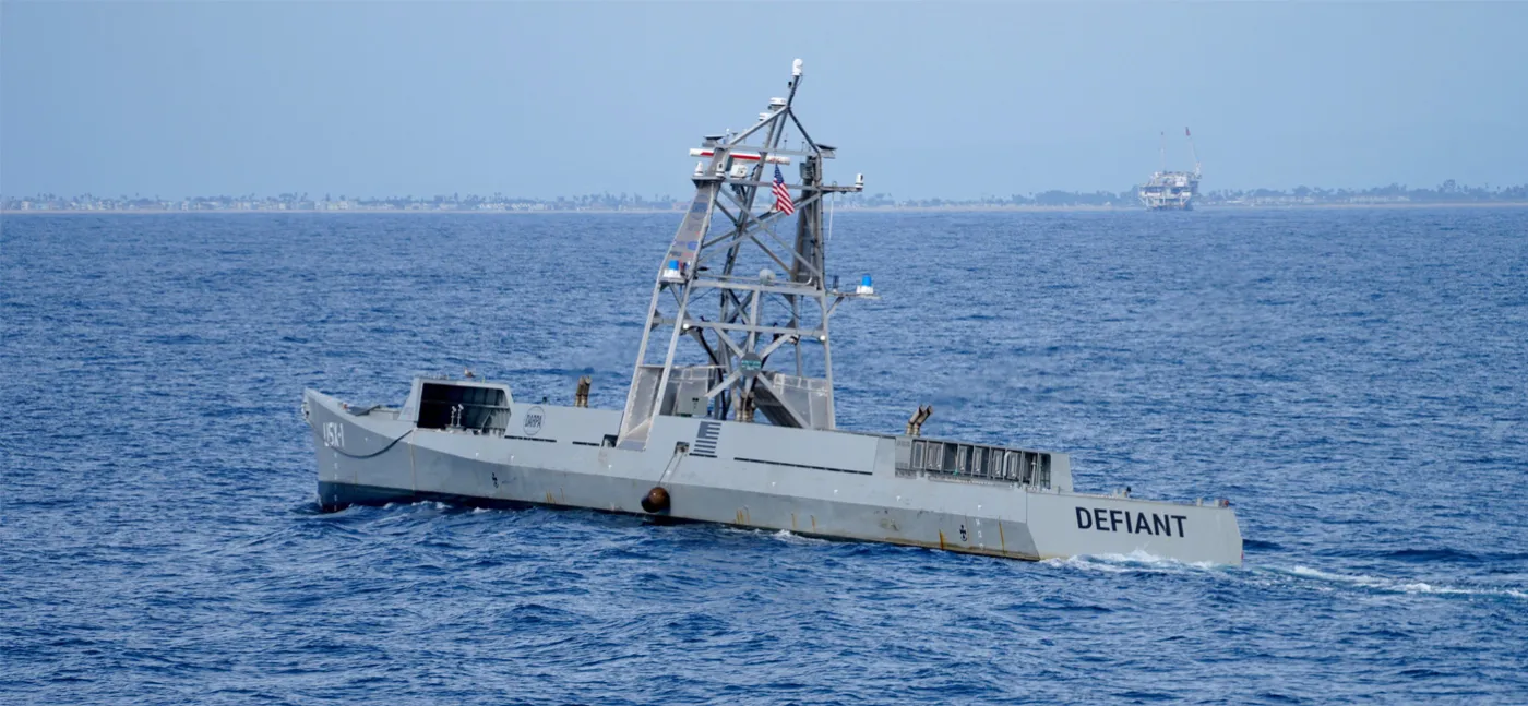 The USX-1 Defiant sails off the coast of Long Beach, Calif., to test autonomy and control software improvements