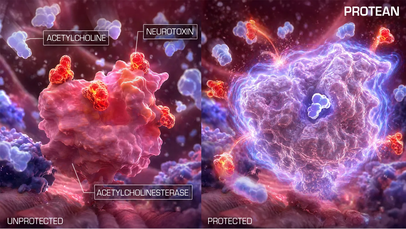Protean alters how our body's critical proteins interact with toxins. Instead of fighting the agent after it takes hold, our approach renders the biological target invisible, causing the threat to harmlessly bounce off. 
